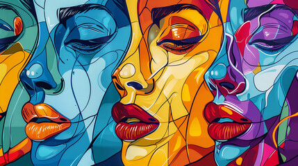Vibrant Mosaic of Female Faces, Colorful Mural Celebrating Womens Day in Spring. Illustration for March 8, feminism.