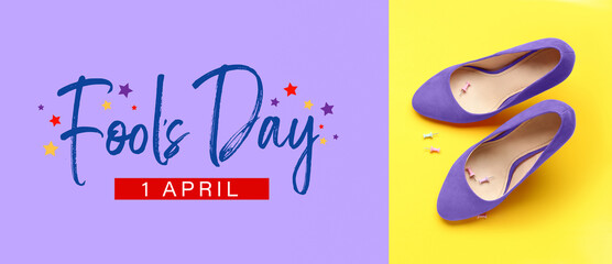 Heels with pins on color background. April Fools' Day celebration