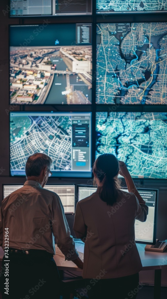 Wall mural Two people looking at a large screen of maps. Generative AI.