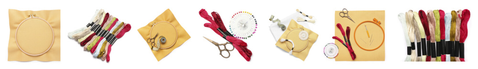 Set of embroidery threads with canvas and tools isolated on white