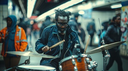 A man with dreadlocks playing drums in a subway. Generative AI.