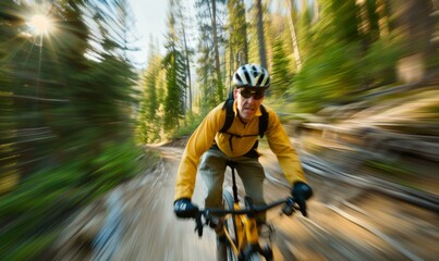 A man riding a mountain bike on a trail. Generative AI.