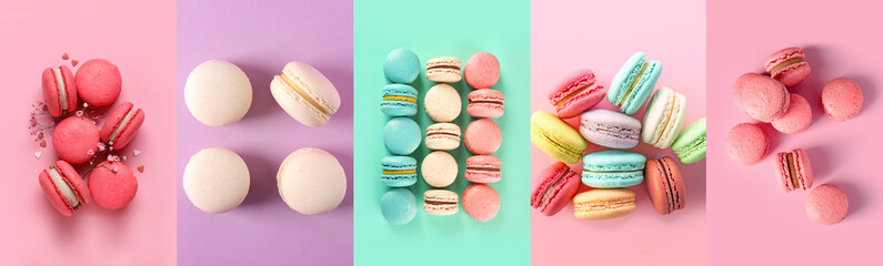 Collage with many different macarons on color background, top view