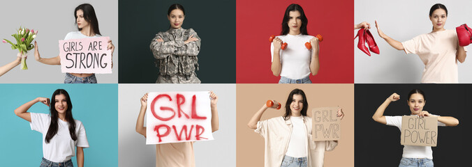 Collage of young feminists on color background. Concept of Girl Power