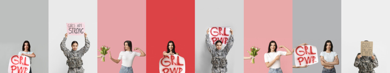 Collage of young feminists on color background. Concept of Girl Power