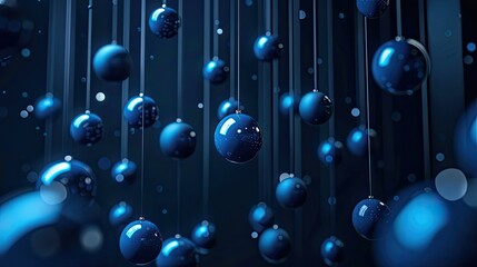 3d hanging blue balls pattern background. Dark theme 