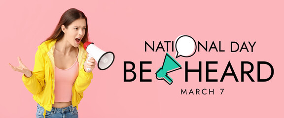 Beautiful young woman with megaphone on color background