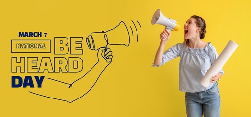 Banner for National Be Heard Day with screaming woman and megaphone