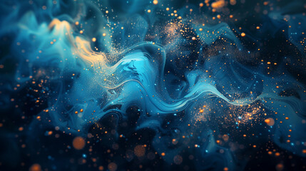  a dynamic and fluid blend of deep blue and vivid golden colors with glittering particles, evoking a sense of underwater or cosmic motion. - obrazy, fototapety, plakaty