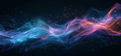 Zelfklevend Fotobehang a net cloud with dots connected to dots on, in the style of fluid and flowing lines, light black and teal, dark teal and magenta, 32k uhd, precisionist lines, tenwave, flowing lines © James