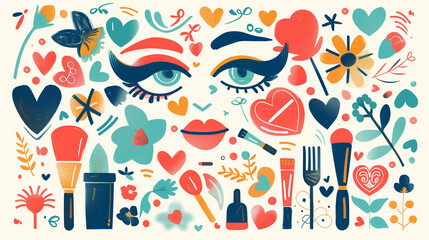 Portrait of a Womans Face Surrounded by Makeup. Illustration for Women's Day, March 8, spring mood, feminism.