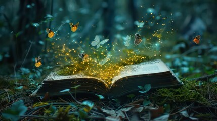 Fairy tale butterflies fly from a magic book lying on an old wooden bench in the park. Fantastic glowing backgrounds with sunny bokeh beauty