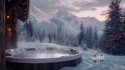Modern outdoor hot tub in the middle of forest at sunset. The hot tub's soothing warm water relaxes muscles and eases tensions