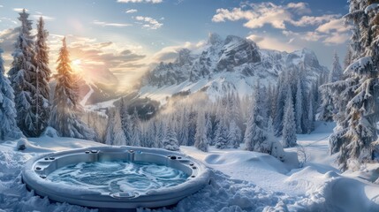 Modern outdoor hot tub in the middle of forest at sunset. The hot tub's soothing warm water relaxes muscles and eases tensions - obrazy, fototapety, plakaty