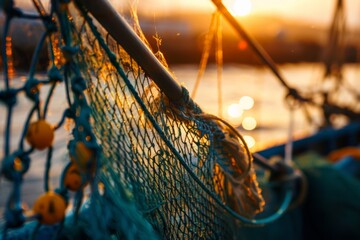 Fishing Net Golden Sunset - obrazy, fototapety, plakaty