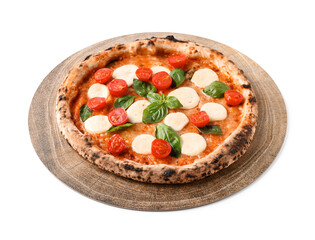 Wooden board with tasty pizza Margarita on white background