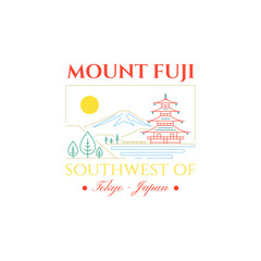 Japanese Landscape. Mount Fuji, Temples, Hills, and Lakes. Vector Illustration