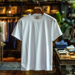 A clean, white t-shirt , displayed on a hanger in a modern clothing store interior 