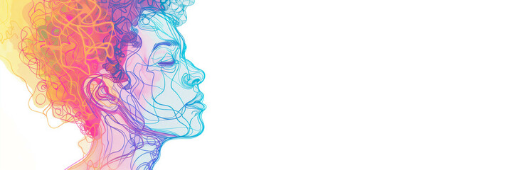 Vibrant Profile Silhouette drawn with lines, Celebrating Womens Day in Spring. Banner, copy space. Illustration for March 8, spring mood.