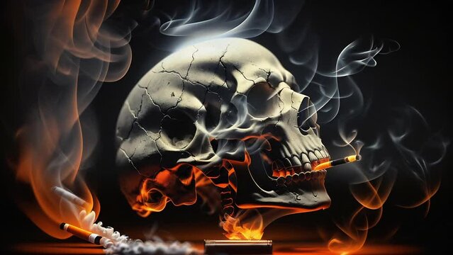 An image of a skull with a burning cigarette, engulfed in flames and smoke on a dark background, symbolizing the dangers of smoking. Concept: Health warning, world no tobacco day