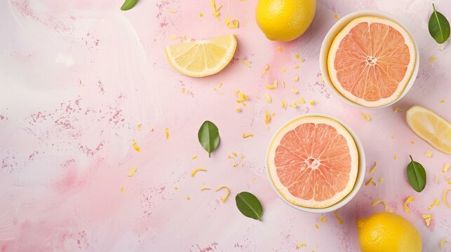 Fresh Citrus Fruits on Pink Background with Zest and Leaves, Top View