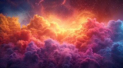 a detailed 3d render of a vivid pigment explosion on colorful background, infinite fractal disappearing into infinity into a bright yellow and purple and orange horizon, Heavy Theme in the style of Sa