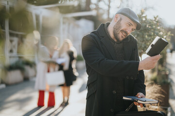 A stylish male professional in winter clothing reads from his notebook outside, with a group of people blurred in the background.