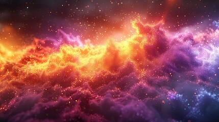 a detailed 3d render of a vivid pigment explosion on colorful background, infinite fractal disappearing into infinity into a bright yellow and purple and orange horizon, Heavy Theme in the style of Sa