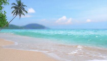 Tropical beach with sand and turquoise seascape background.
