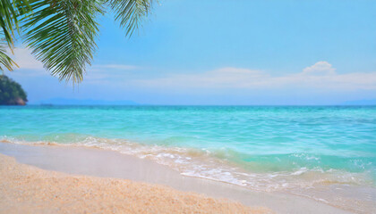 Tropical beach with sand and turquoise seascape background.
