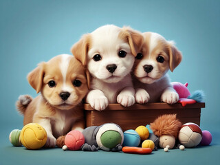 Three puppies  and toys