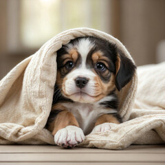 Puppy under blanket