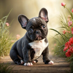 French bulldog puppy with flowers