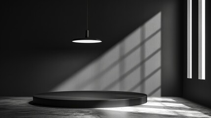 A sleek and modern product display platform in a minimalist setting illuminated by a striking pendant light casting sharp shadows.
