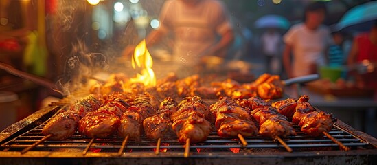 A variety of food items including peanuts and beans are cooking on a grill, showcasing a delicious peanut texture and inviting aroma.