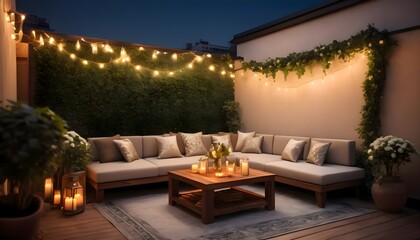 A empty cozy outdoor rooftop terrace with garlands and glowing lamps. A plush sofa and elegant coffee table desk for relaxation. outdoor living room pergola patio decorated with string lights