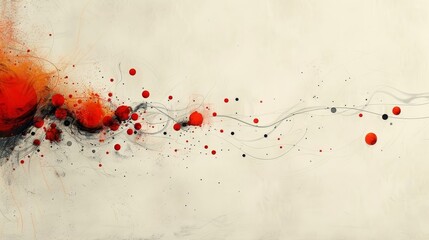 Dynamic abstract artwork with an explosion of red and black particles on a textured white background.