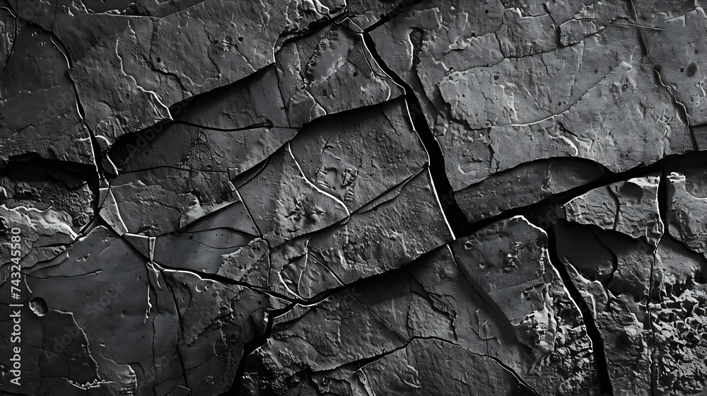 Fototapete volumetric rock texture with cracks black stone background with copy space for design wide banner : 