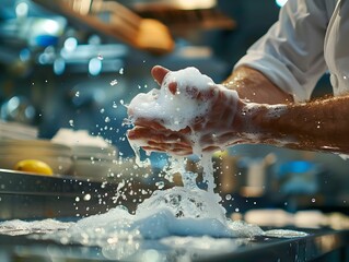 Fototapeta premium Professional Chef Washing Hands with Soap in Kitchen