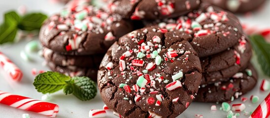 In this close-up shot, a plate is filled with a delectable assortment of cookies and candy canes....