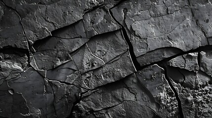 Volumetric rock texture with cracks Black stone background with copy space for design Wide banner : Generative AI