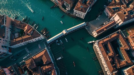 Aerial view of Rialto bridge crossing the Grand Canal in Venice downtown Veneto Italy : Generative AI