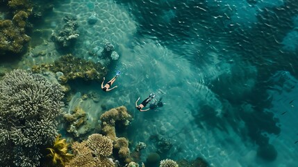Aerial view of two persons snorkeling at Great Barrier Reef in Australia : Generative AI