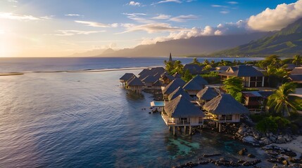 Aerial view of wooden huts from a luxury hotel along the reef in Tahiti French Polynesia : Generative AI - obrazy, fototapety, plakaty