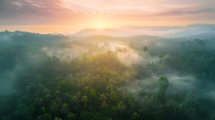 Fototapeta na wymiar Aerial panoramic view of hazy sunset over lush primary forest in Halmahera Indonesia : Generative AI