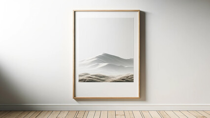 minimal wooden picture poster frame mockup, elegantly hanging on a clean, white wall.