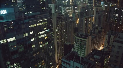 Moody aerial view of downtown buildings in business disctrict in Hong Kong China : Generative AI