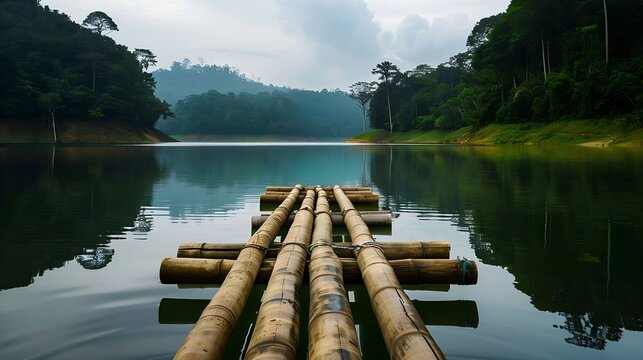 Bamboo raft on Pang Ung reservoir lake Pang ung Thailand : Generative AI