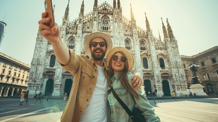 Happy couple taking selfie in front of Duomo cathedral in Milan Lombardia Two tourists having fun on romantic summer vacation in Italy Holidays and traveling lifestyle concept : Generative AI - obrazy, fototapety, plakaty