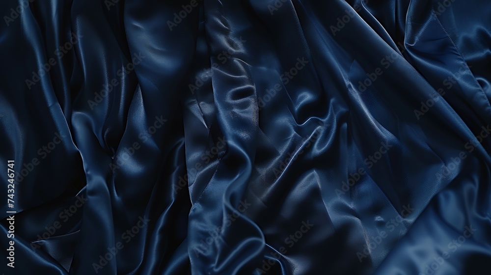 Poster beautiful dark blue silk satin background soft folds on shiny fabric luxury background with copy spa